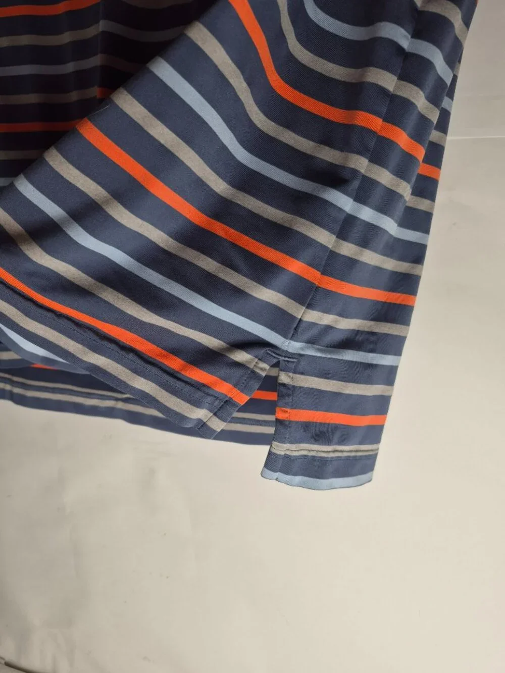 Adidas Mens XL Short Sleeve Stretchy Striped Logo Polo Shirt Blue Gray Orange